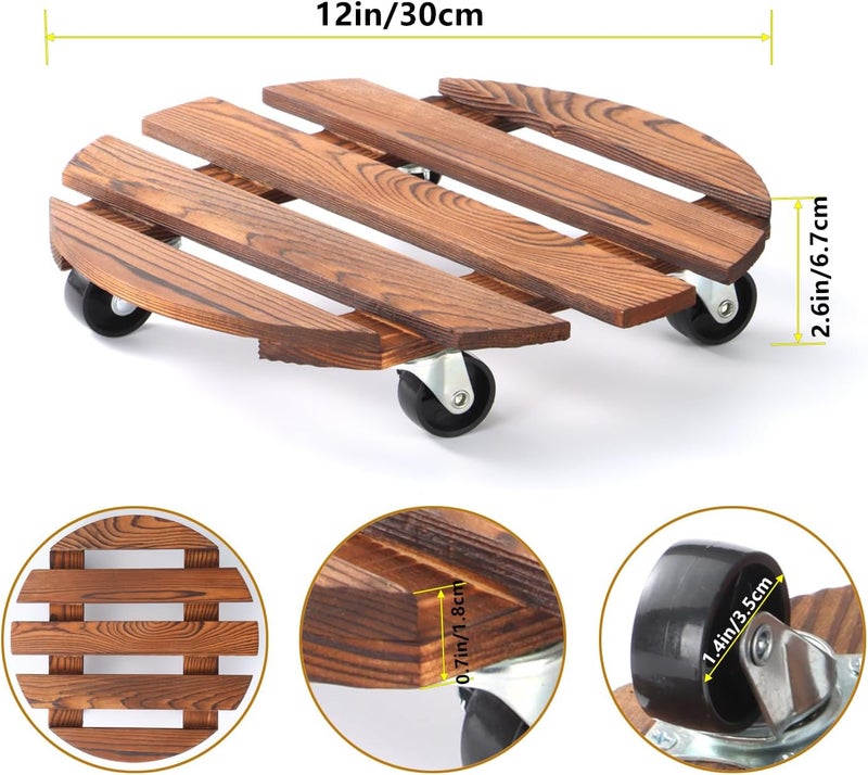 PRAQECZ 2 Pack 12" Plant Caddy with Wheels, Rolling Plant Stand 220 LB Heavy Duty Wooden Round Plant Dolly with Metal 360° Lockable Caster Wheels for Outdoor Indoor Large Plant Pots, Flower Pot, Patio - Image 4